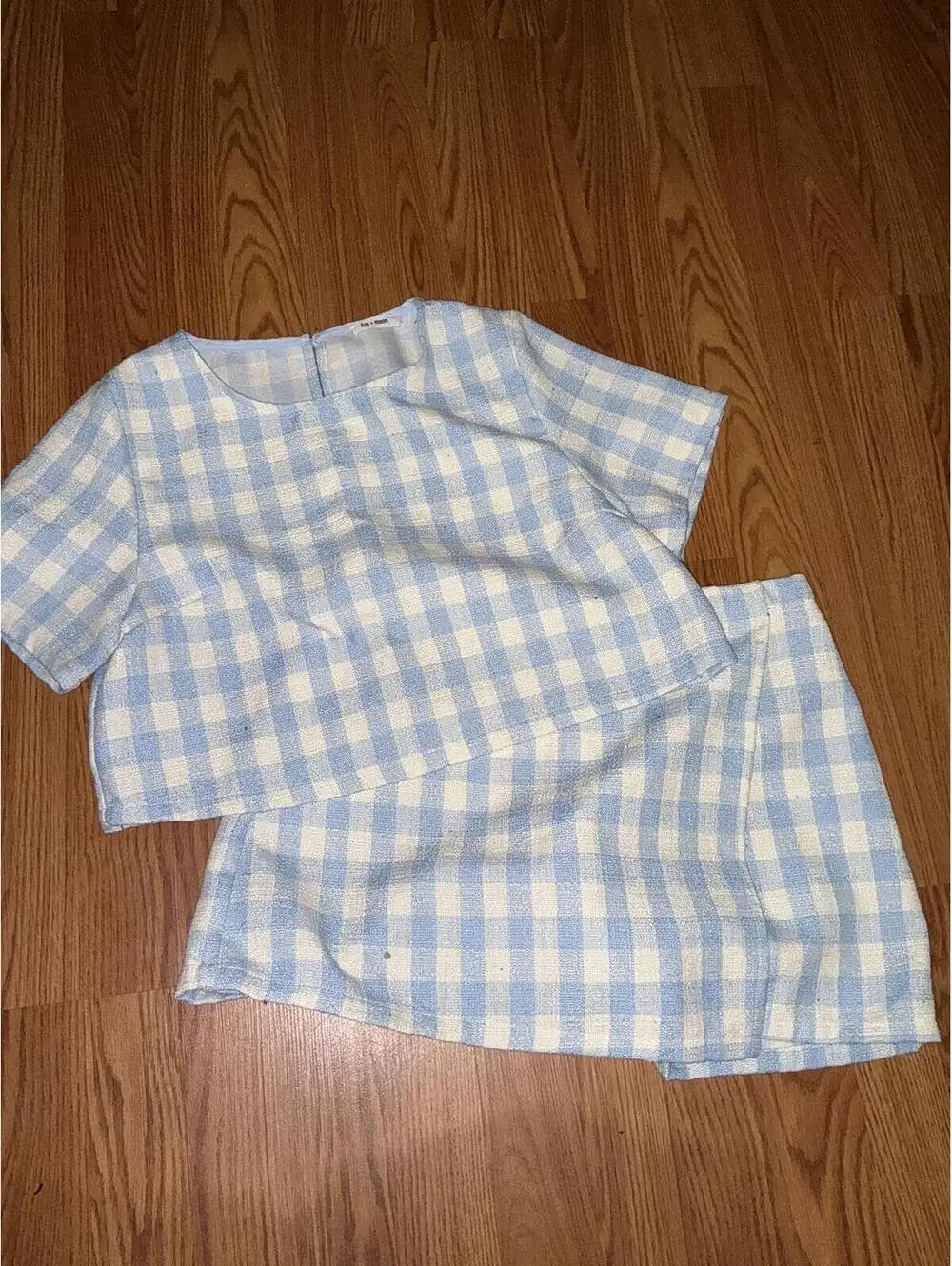 Day + Moon Two-Piece Light Blue and White Gingham Crop Top and Skort Set